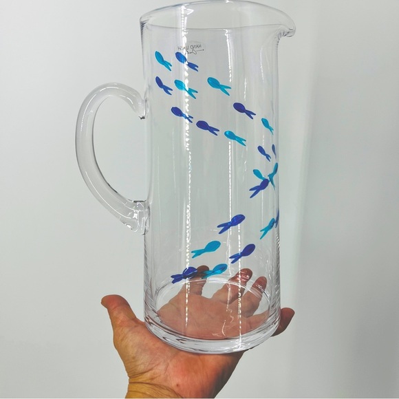 Cynthia Rowley Crystal Pitcher Cut Glass, School of Blue & White Fish 10”, NWT - Picture 1 of 14